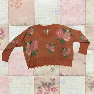 Burnt Orange rose V Neck Knit sweater w Distressed bottom - Anthropologie